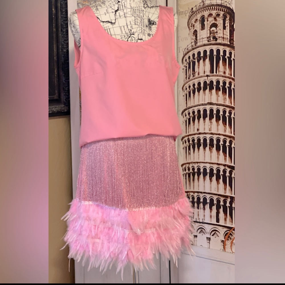Ballerina Pink Sexy Fringe Feather Skirt Set With Tassles, 2 Piece Set - Picture 10 of 10